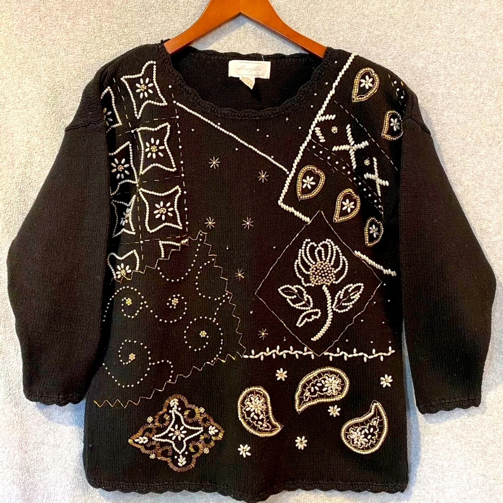 Vintage Margules Sweater Embellished Faux Pearl & Gold Beads Black Size M